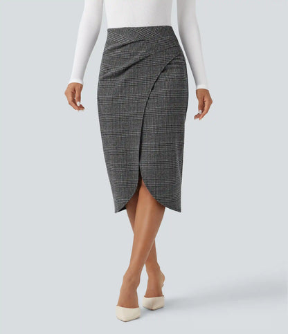 High Waisted 2-in-1 Tulip Hem Houndstooth Plaid Midi Work Skirt