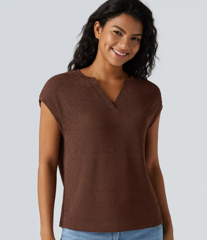 Semi Sheer Notched Short Sleeve Casual T-Shirt