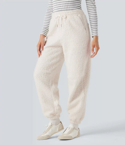Mid Rise Drawstring Casual Teddy Joggers with Pockets
