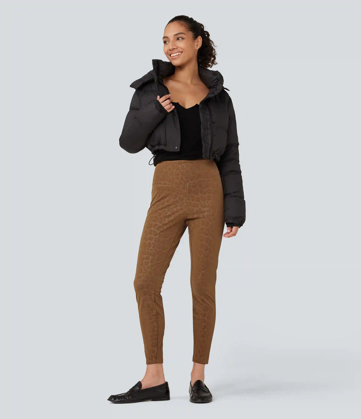 High Waisted Tummy Control Stretchy PU Leopard Print Fleece Casual Leggings with Pockets