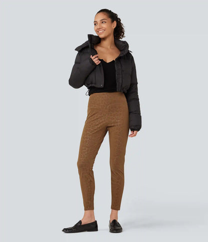 High Waisted Tummy Control Stretchy PU Leopard Print Fleece Casual Leggings with Pockets