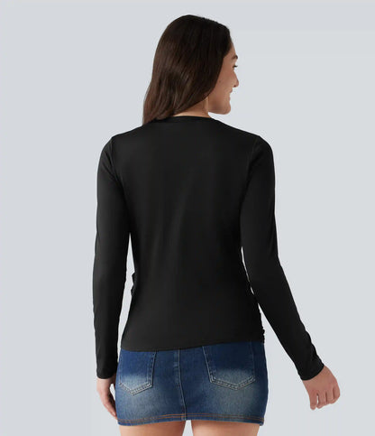 Round Neck Long Sleeve Crossover Hem Casual Top
