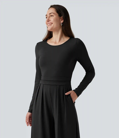 Round Neck Long Sleeve Wide Leg Casual Jumpsuit with Pockets-Easy Peezy Edition