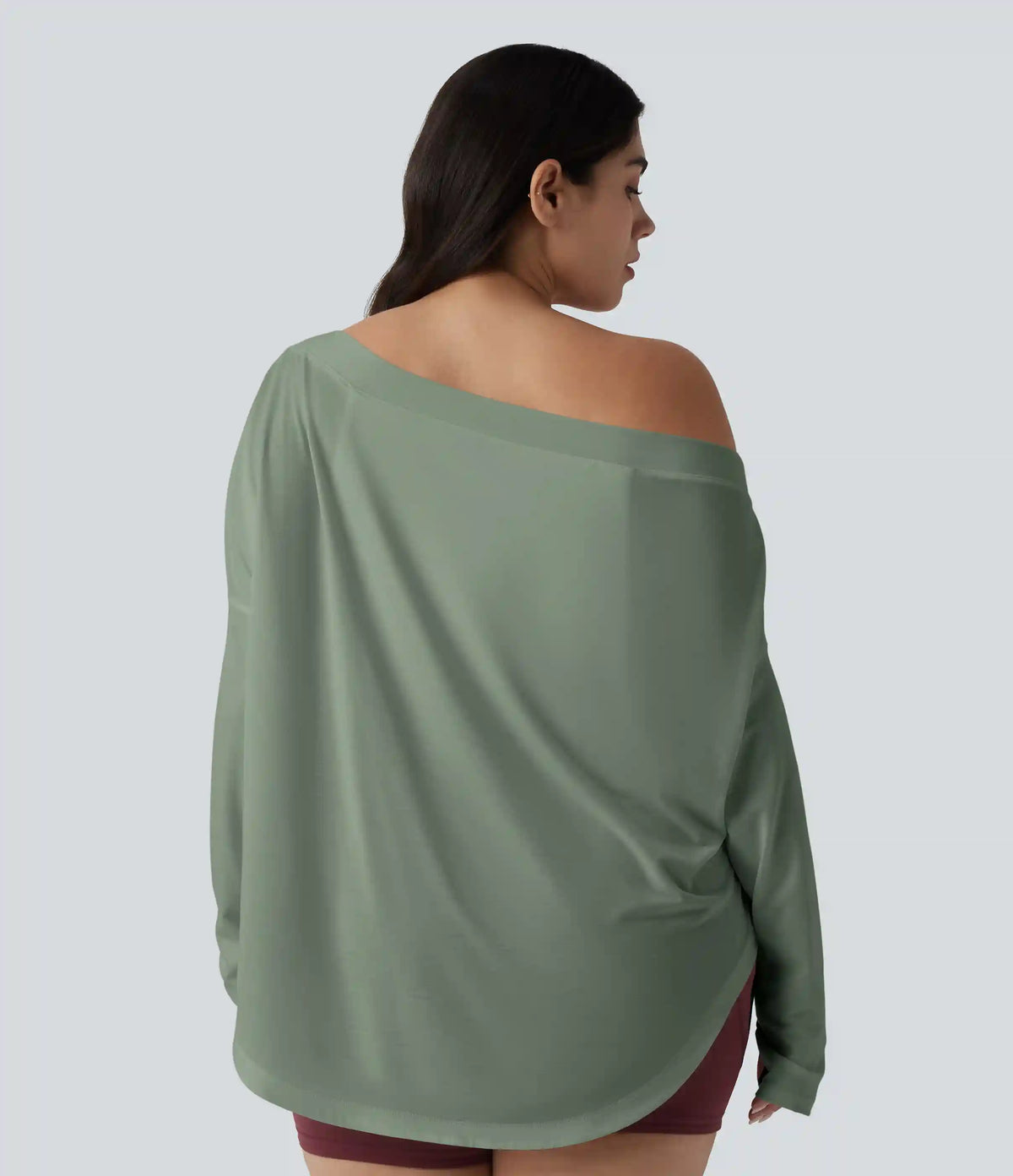 One Shoulder Long Sleeve Thumb Hole Curved Hem High Low Quick Dry Yoga Plus Size Sports Top-Built-in Bra