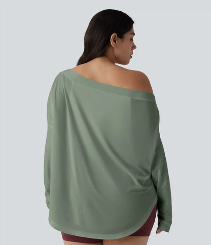 One Shoulder Long Sleeve Thumb Hole Curved Hem High Low Quick Dry Yoga Plus Size Sports Top-Built-in Bra