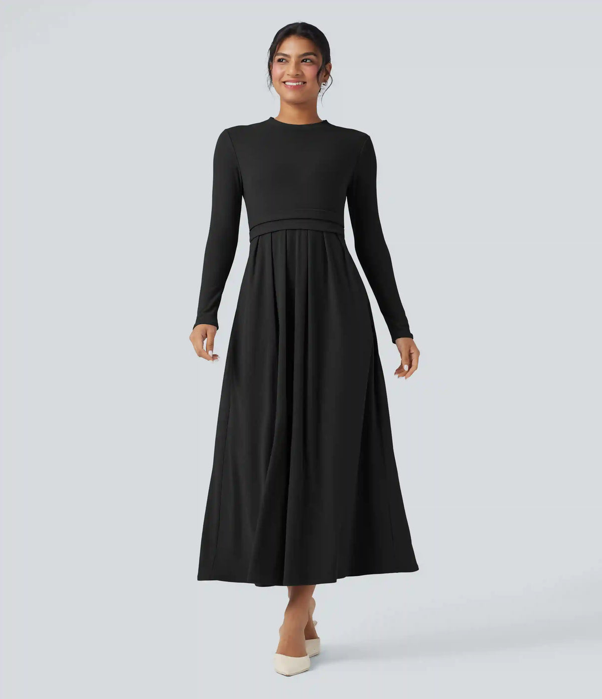 Mock-neck Long Sleeve A-line Casual Maxi Dress with Pockets