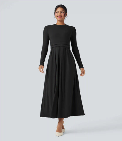 Mock-neck Long Sleeve A-line Casual Maxi Dress with Pockets