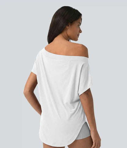 One Shoulder Short Sleeve Curved Hem High Low Quick Dry Yoga Sports Top-Built-in Bra