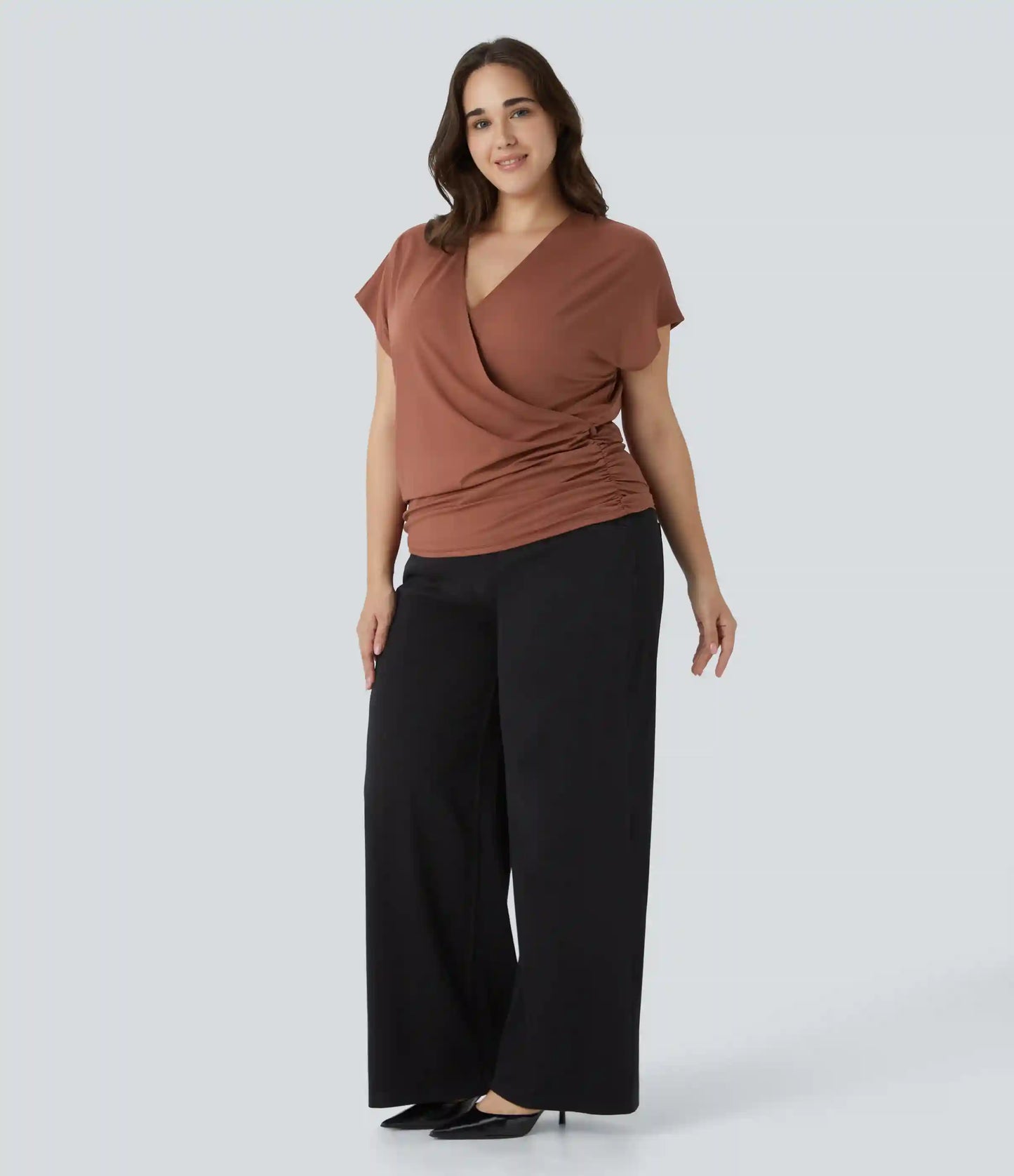 V Neck Cap Sleeve Crossover Ruched Solid Work Plus Size Blouse