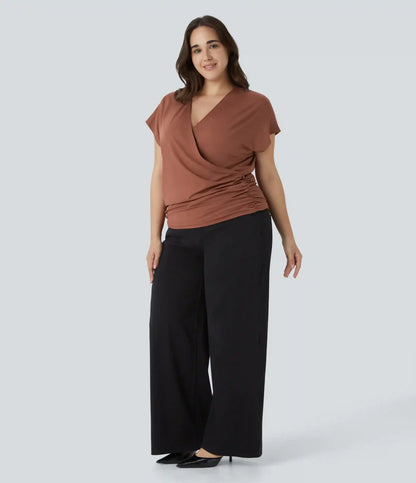 V Neck Cap Sleeve Crossover Ruched Solid Work Plus Size Blouse