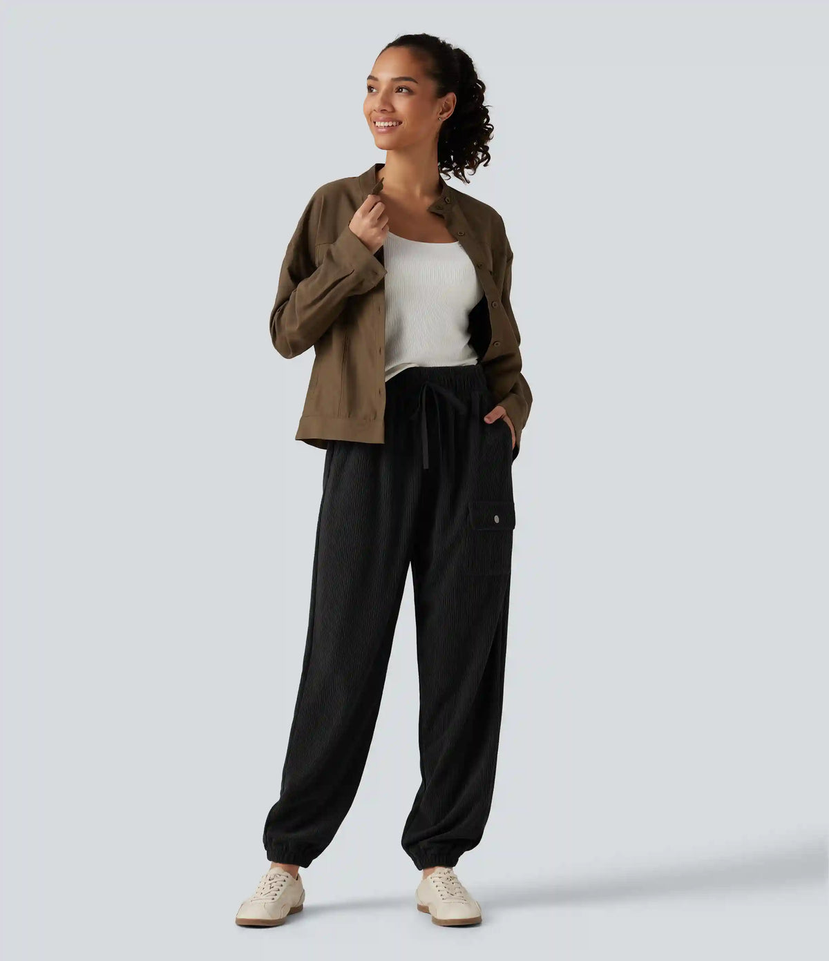 High Waisted Drawstring Tapered Corduroy Casual Joggers with Pockets