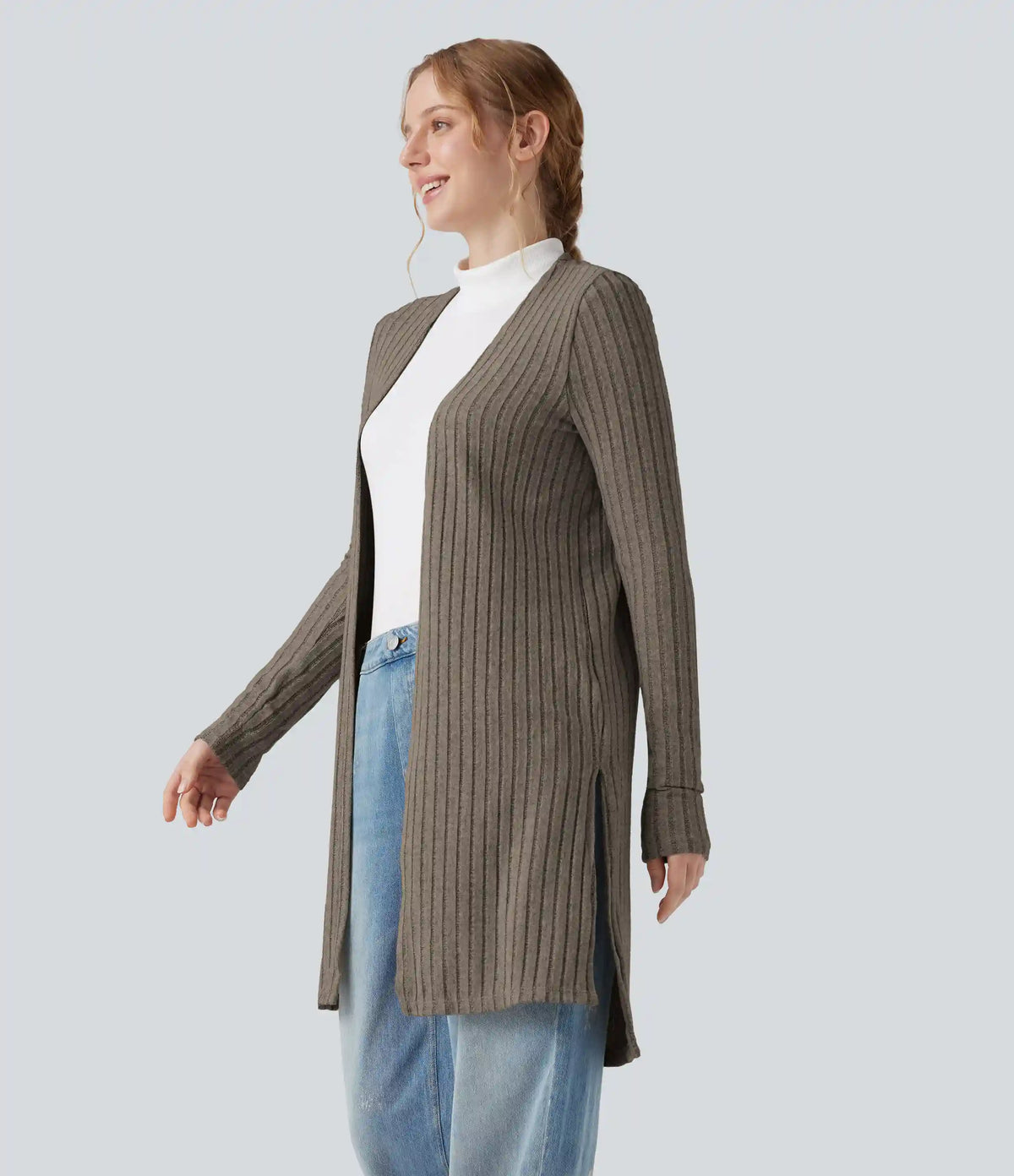 Ribbed Knit Long Sleeve Split Casual Cardigan