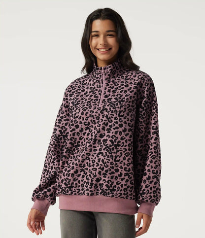 Stand Collar Long Sleeve Leopard Print Casual Top