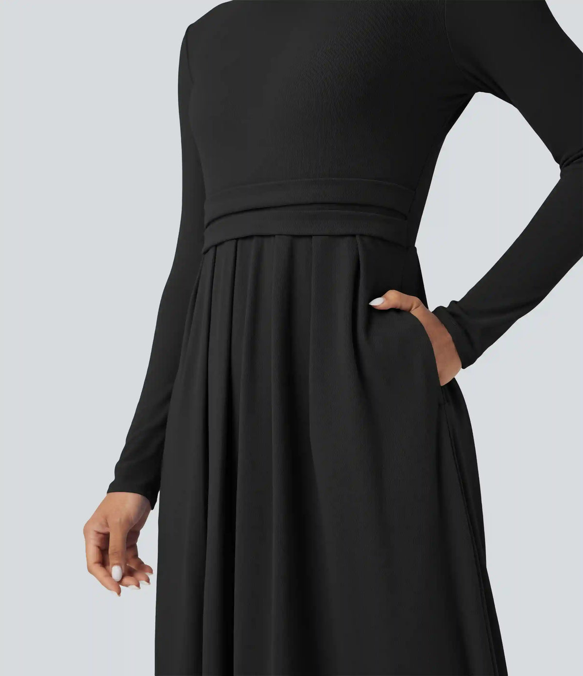 Mock-neck Long Sleeve A-line Casual Maxi Dress with Pockets
