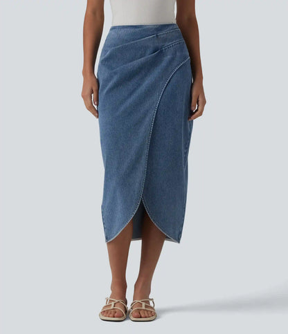 Halara Flex™ High Waisted Back Zipper Ruched Tulip Hem Midi Washed Denim Casual Skirt