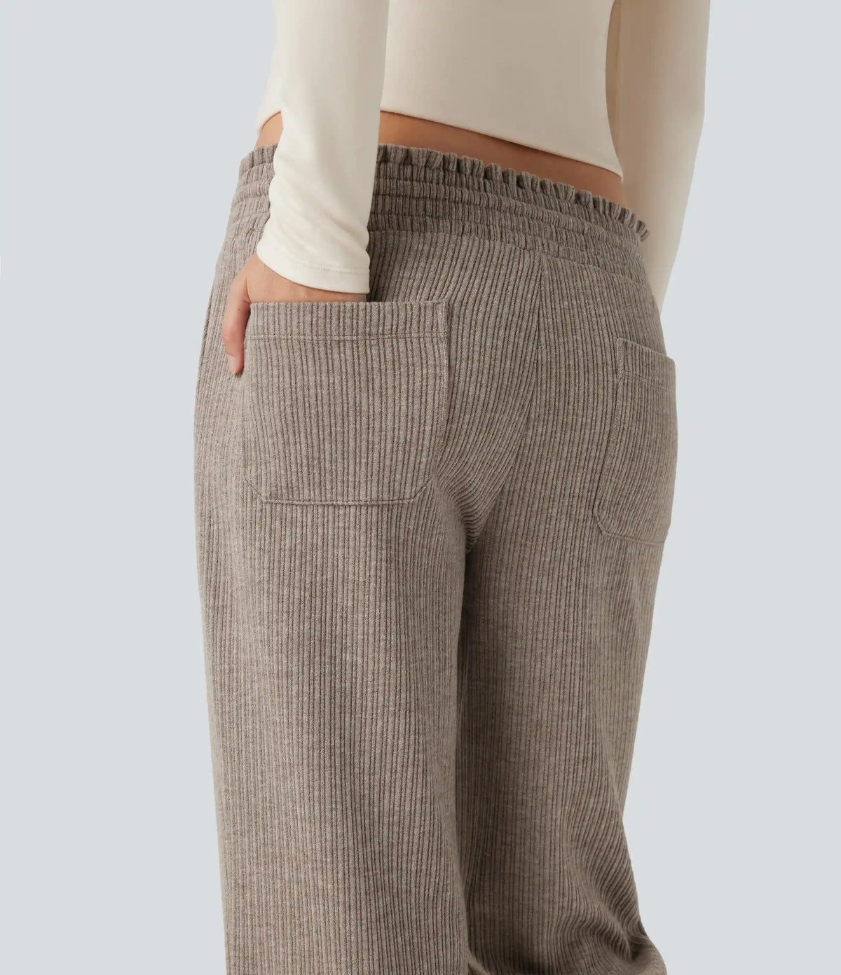 Ribbed Knit Low Rise Drawstring Casual Bootcut Pants with Pockets