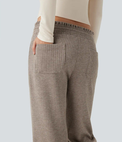 Ribbed Knit Low Rise Drawstring Casual Bootcut Pants with Pockets