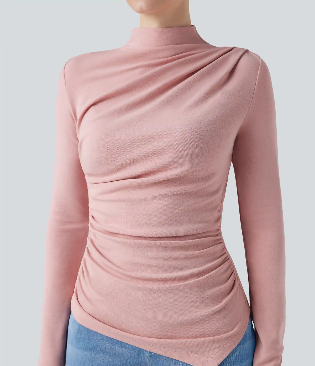 Mock-neck Long Sleeve Ruched Asymmetric Hem Thermal Casual Top