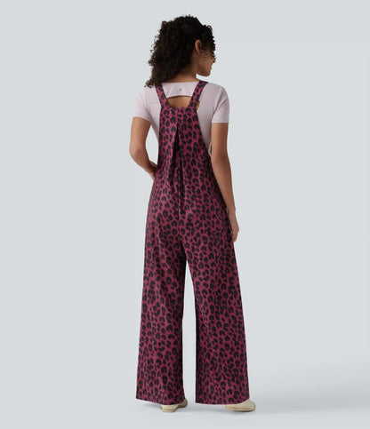 Leopard Print Waffle Casual Overalls with Pockets