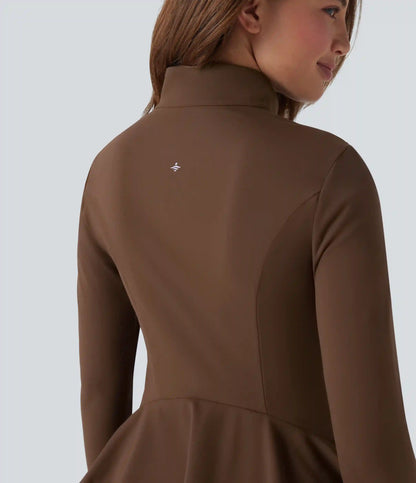 DayStretch Stand Collar Zipper Thumb Hole Ruffle Hem Slim Jacket with Pockets