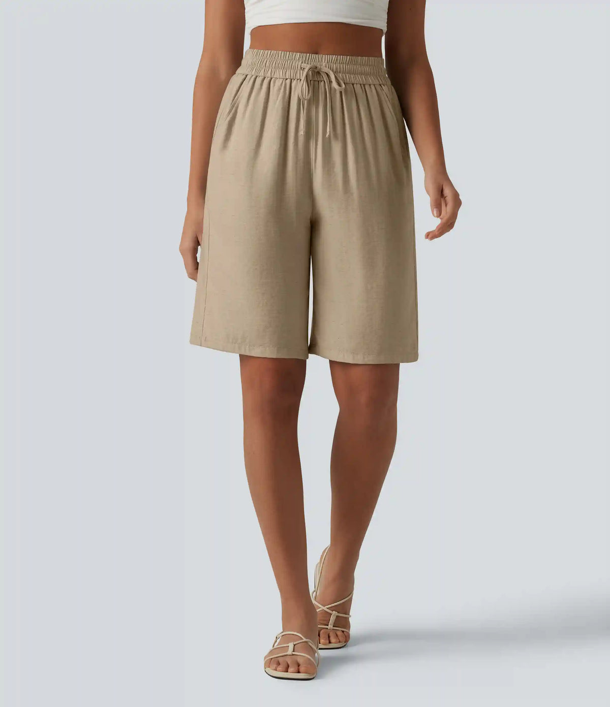 High Waisted Drawstring Casual Linen-Blend Bermuda Shorts 10'' with Pockets