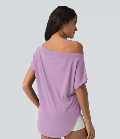 One Shoulder Short Sleeve Curved Hem High Low Quick Dry Yoga Sports Top-Built-in Bra