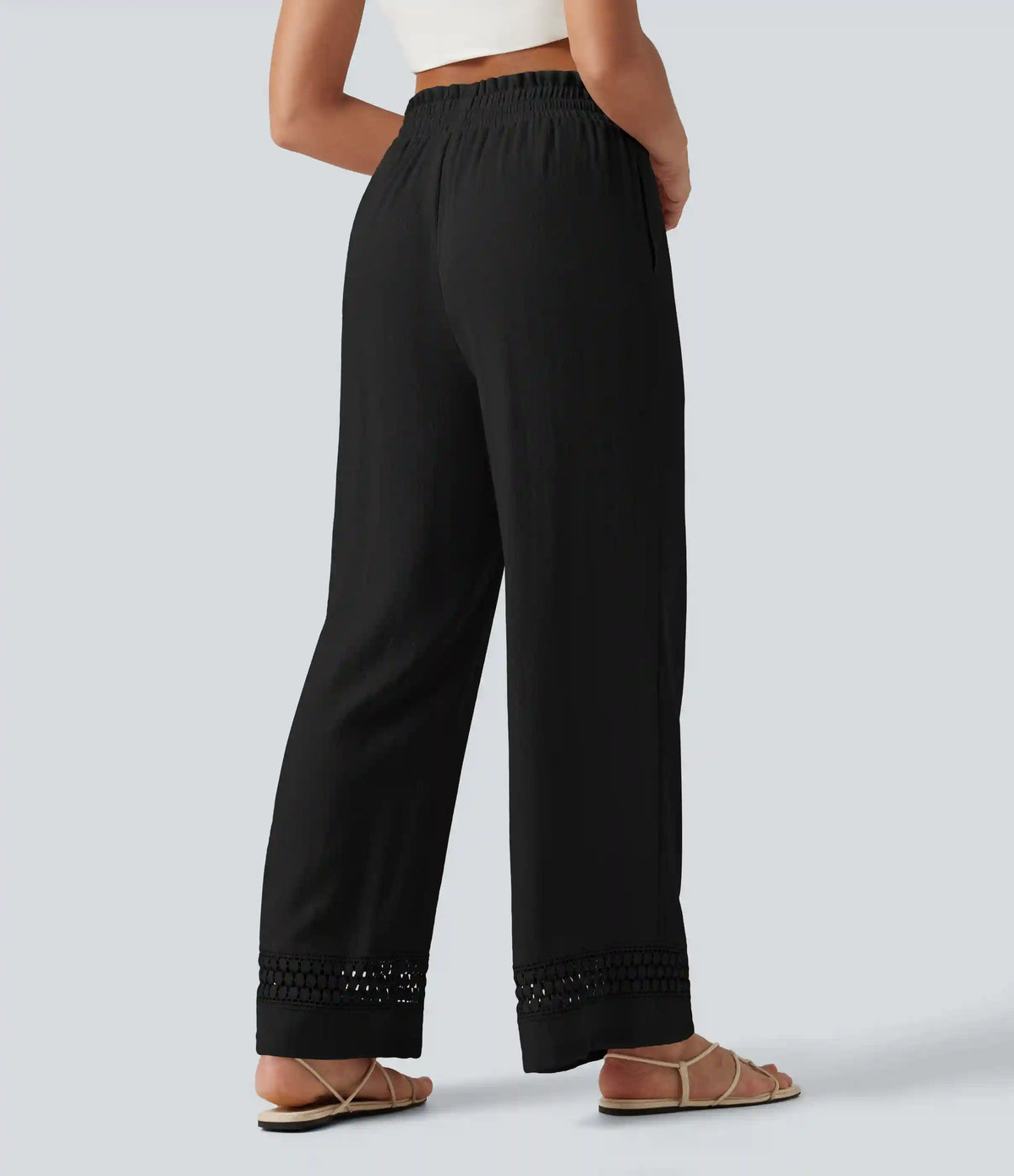 High Waisted Drawstring Casual Linen-Feel Pants with Pockets