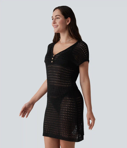 V-neck Short Sleeve Hollow Out Mini Resort Cover Up Dress