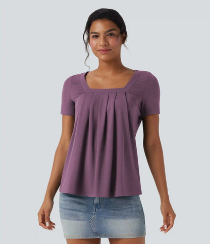 Square Neck Short Sleeve Casual Blouse