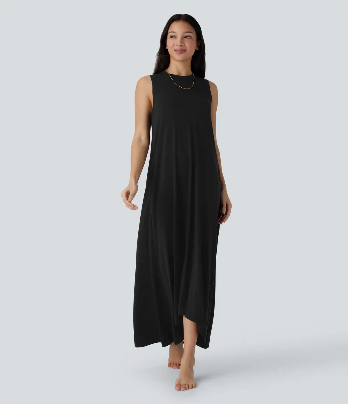 Round Neck Sleeveless Pocket High Low Flowy Maxi Casual Dress