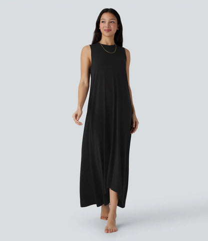 Round Neck Sleeveless Pocket High Low Flowy Maxi Casual Dress