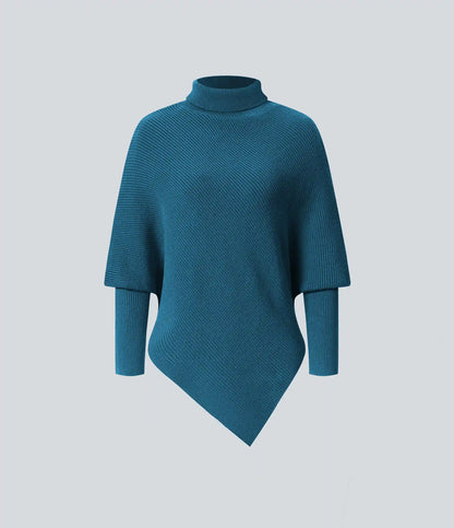 High Neck Long Sleeve Asymmetric Hem Work Sweater
