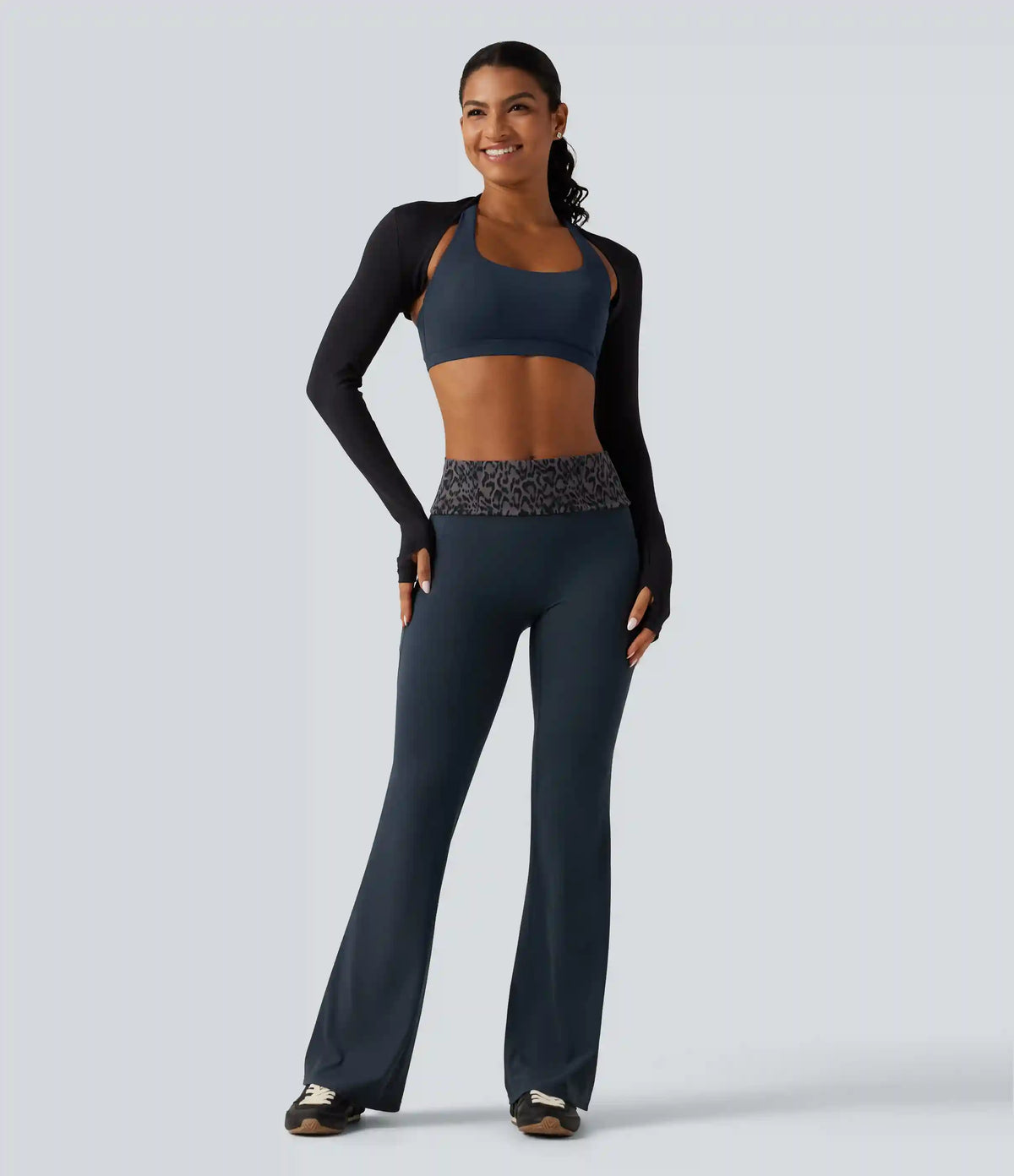 Halara UltraSculpt™ Mid Rise Foldover Tummy Control Leopard Print Flare Yoga Leggings with Pockets