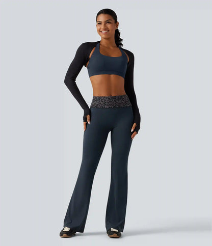 Halara UltraSculpt™ Mid Rise Foldover Tummy Control Leopard Print Flare Yoga Leggings with Pockets