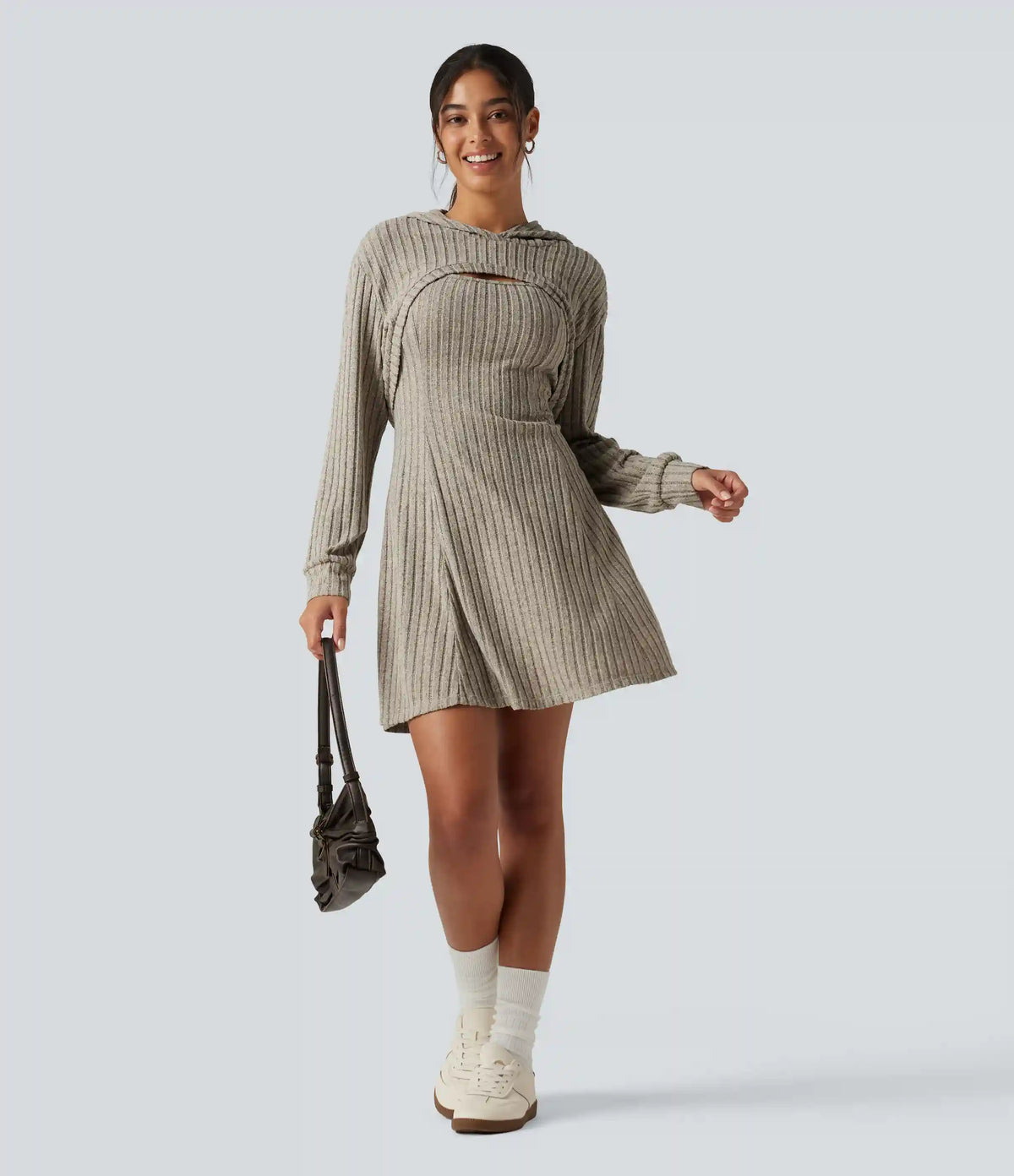 Ribbed Knit Hooded Long Sleeve 2-Piece Mini Casual Dress