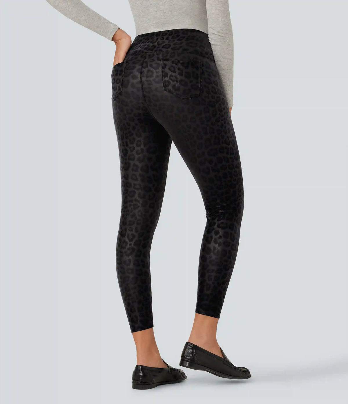 High Waisted Tummy Control Stretchy PU Leopard Print Fleece Casual Leggings with Pockets