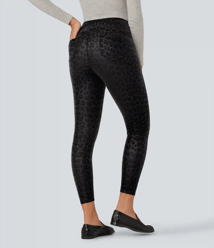 High Waisted Tummy Control Stretchy PU Leopard Print Fleece Casual Leggings with Pockets