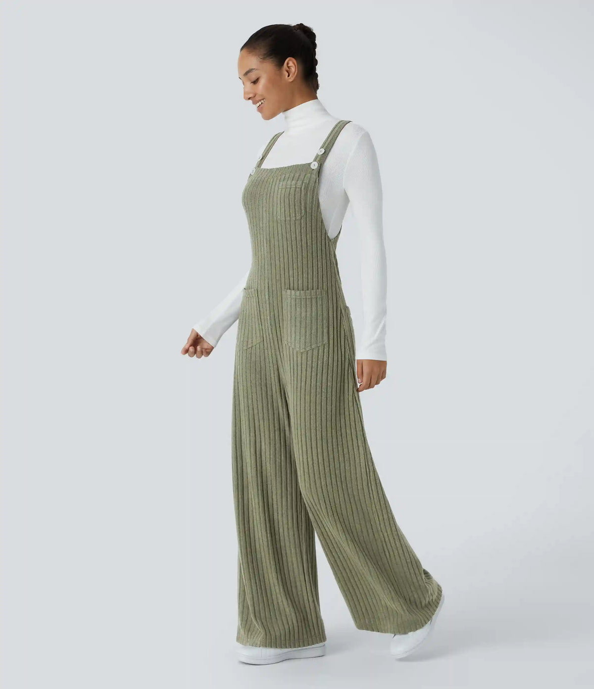 Ribbed Knit Pockets Casual Overalls