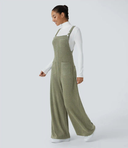 Ribbed Knit Pockets Casual Overalls
