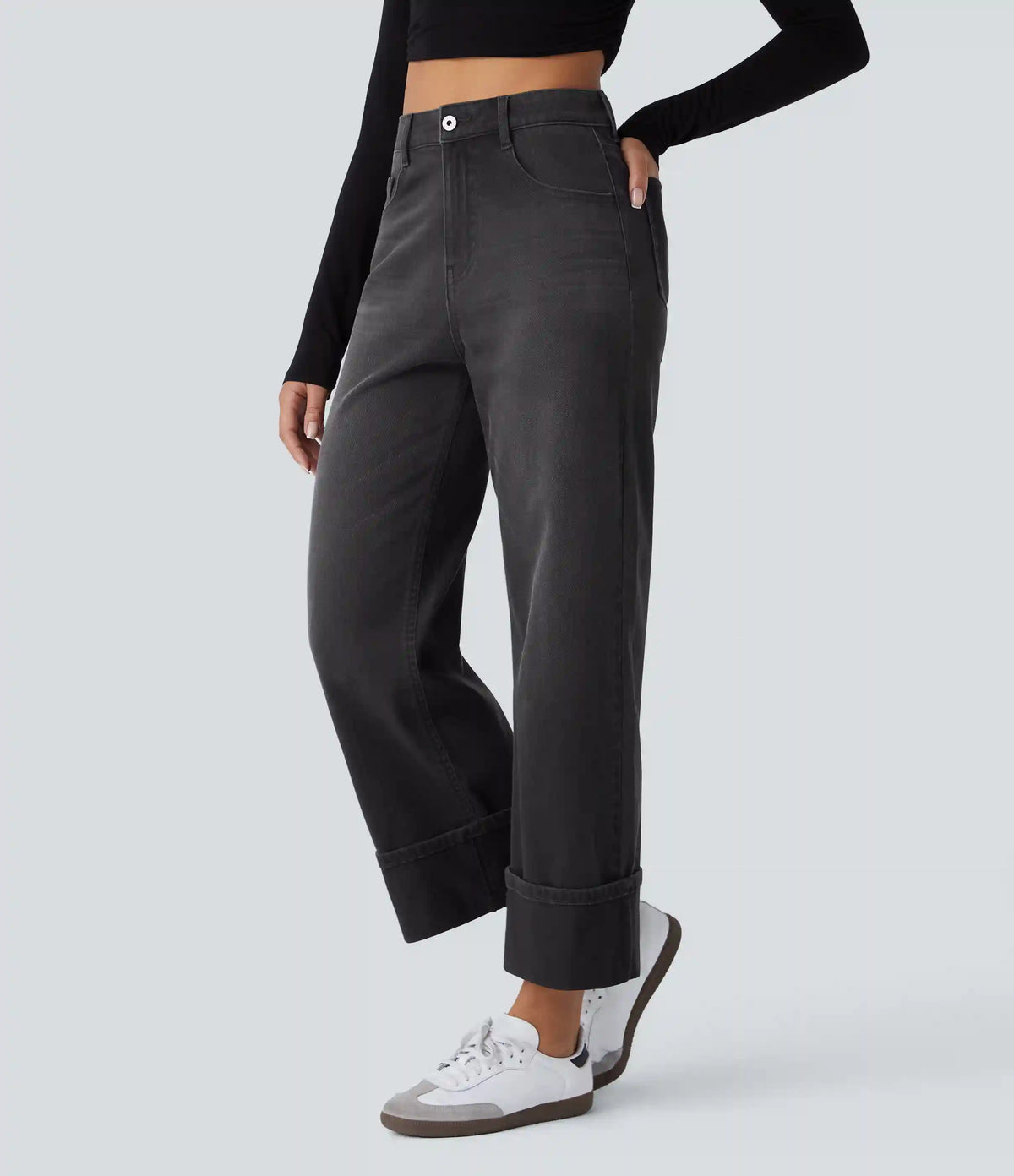 Halara Flex™ High Waisted Pockets Rolled Hem Wide Leg Washed Casual Jeans