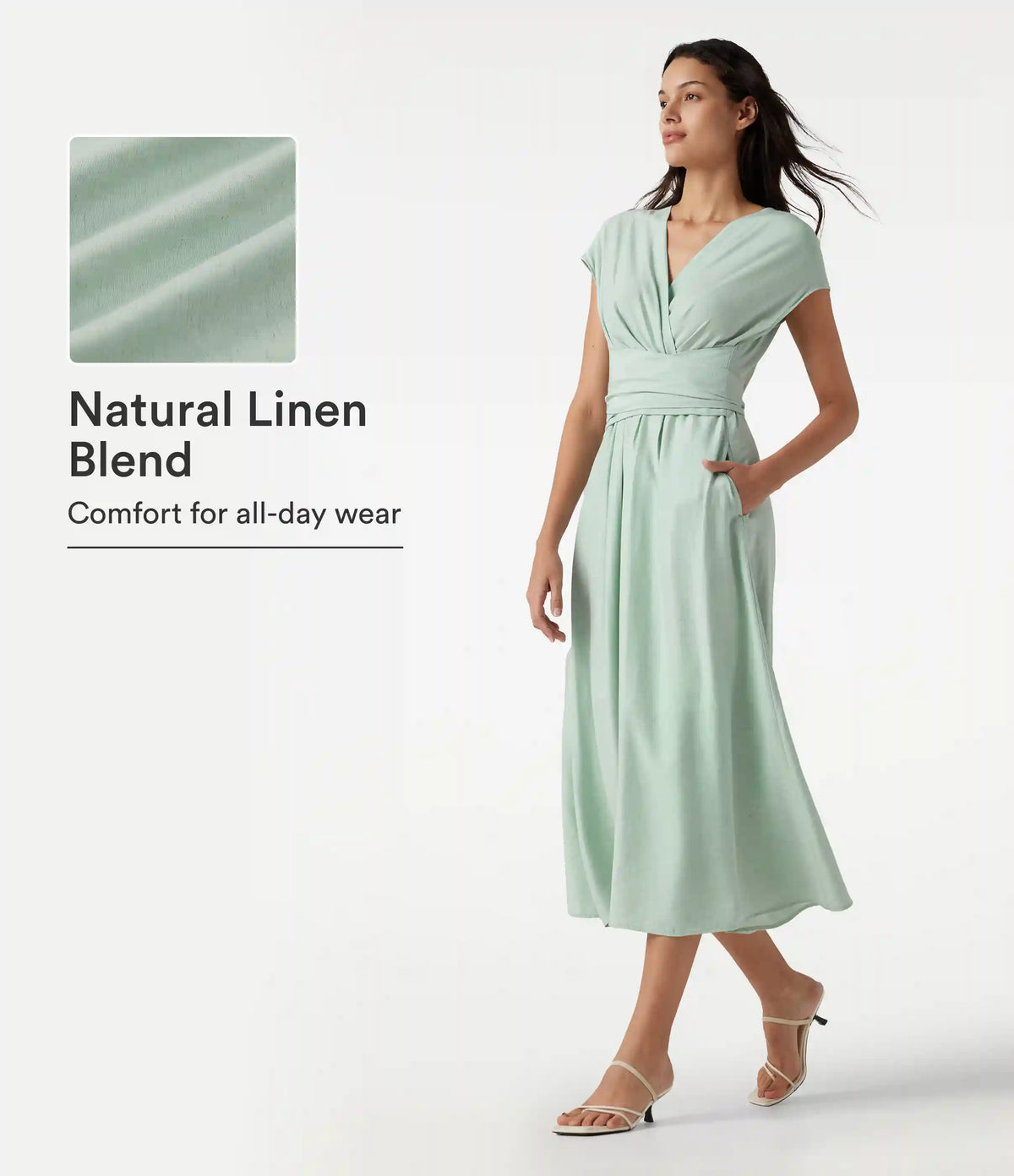 V Neck Short Sleeve Tie Back Midi Casual Linen-Blend Flowy Dress with Pockets