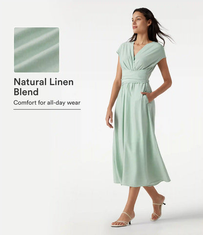 V Neck Short Sleeve Tie Back Midi Casual Linen-Blend Flowy Dress with Pockets