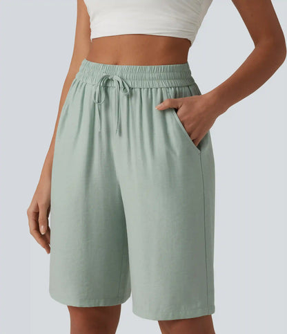 High Waisted Drawstring Casual Linen-Blend Bermuda Shorts 10'' with Pockets