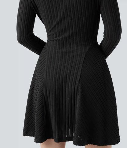 Ribbed Knit Round Neck Long Sleeve Flare Mini Casual Dress