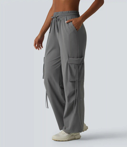 High Waisted Drawstring Wide Leg Quick Dry InstantCool Workout Cargo Pants with Pockets-UPF40+