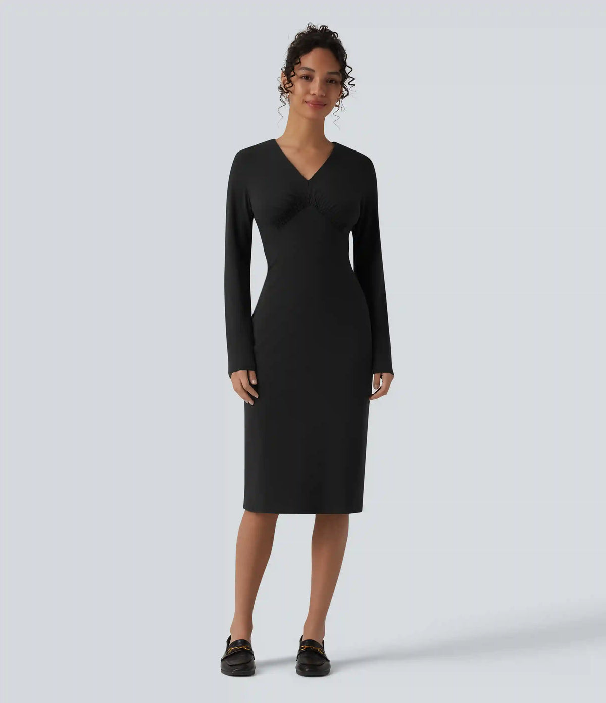 V-Neck Long Sleeve Ruched Split Midi Work Dress