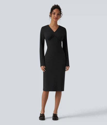 V-Neck Long Sleeve Ruched Split Midi Work Dress
