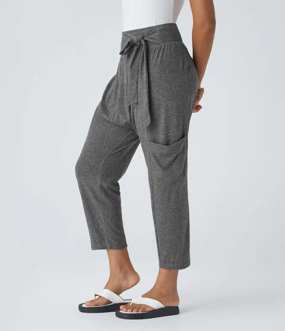 Mid Rise Tie Pockets Casual Harem Pants