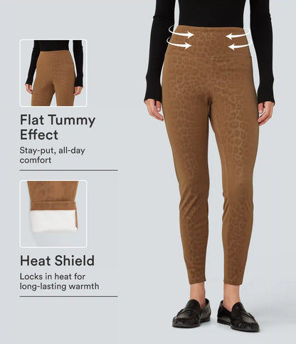 High Waisted Tummy Control Stretchy PU Leopard Print Fleece Casual Leggings with Pockets