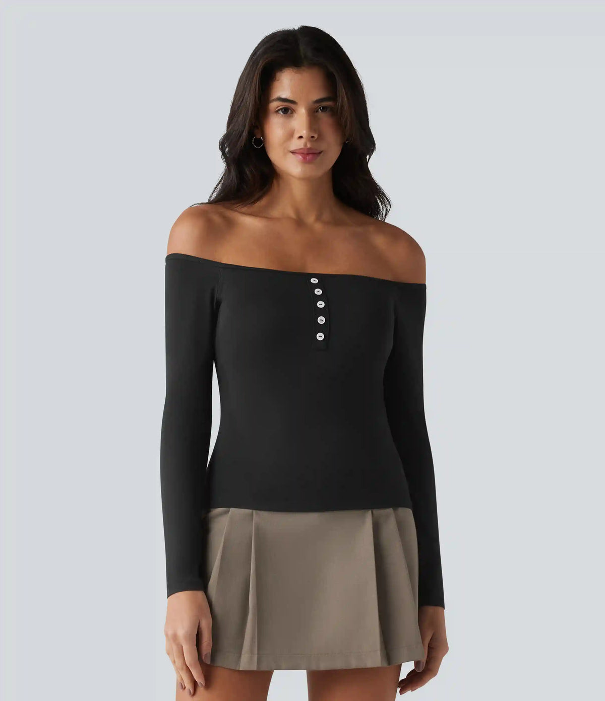 Ribbed Off-shoulder Long Sleeve Built-in Bra Ultra-slim Casual T-Shirt